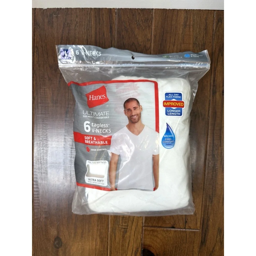 Hanes V Neck White Shirts L 100% Cotton Tagless Ultimate Wicking Odor 6 Pack NEW